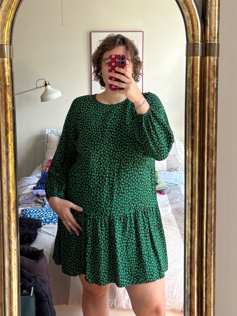 Green Long-Sleeve Drop-Waist Dress